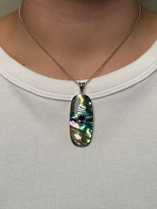 statement abalone pendant with an Amethyst center