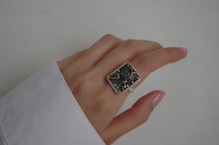 abstract labradorite + garnet + peridot ring