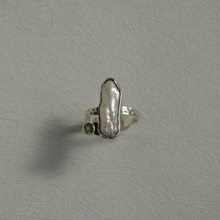 baroque pearl + peridot ring