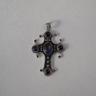 gothic labradorite + amethyst cross pendant